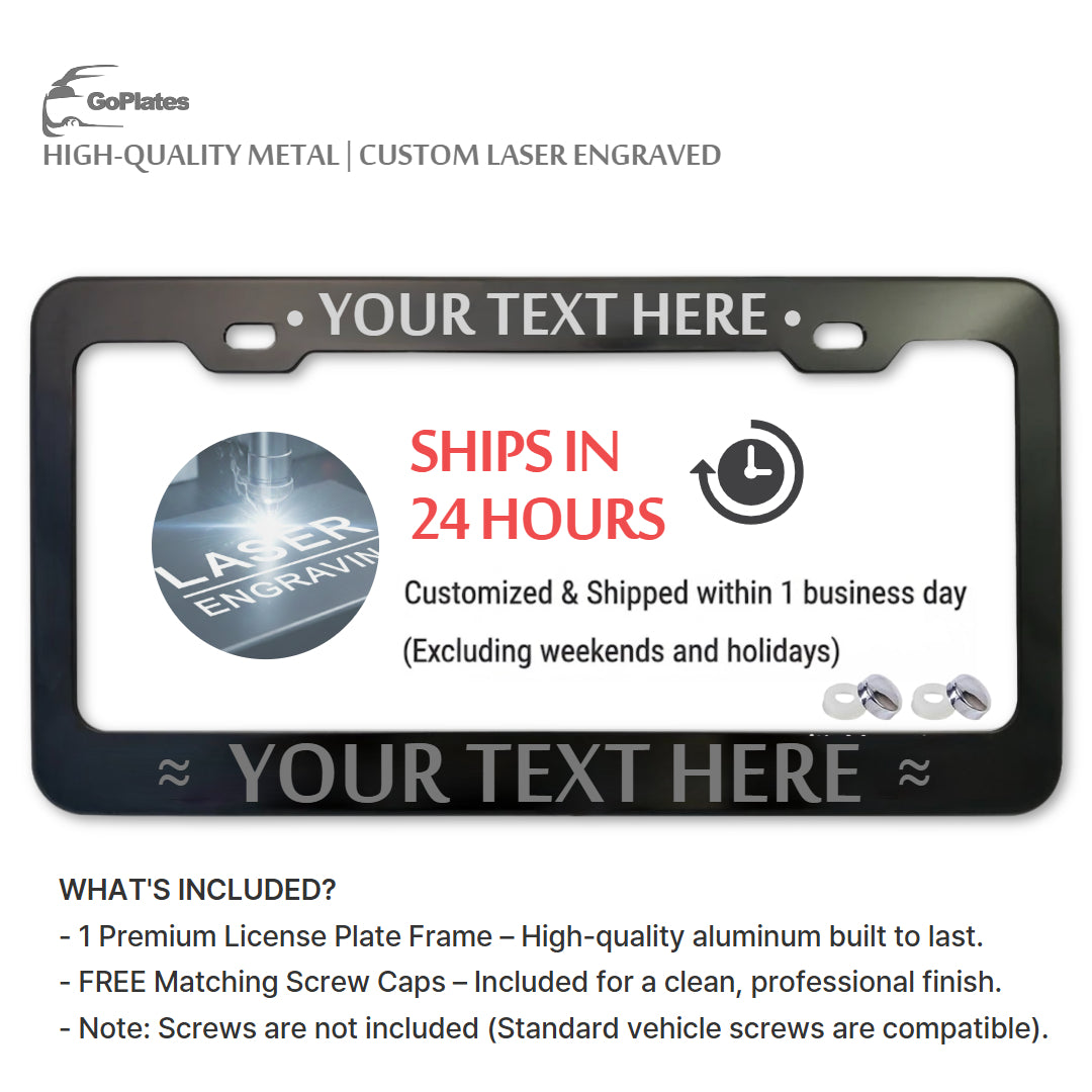 Fully Custom Laser-Engraved Aluminum License Plate Frame | Personalized with Emojis | 6 Premium Glossy Colors | Ships in 24 Hours | Black Frame